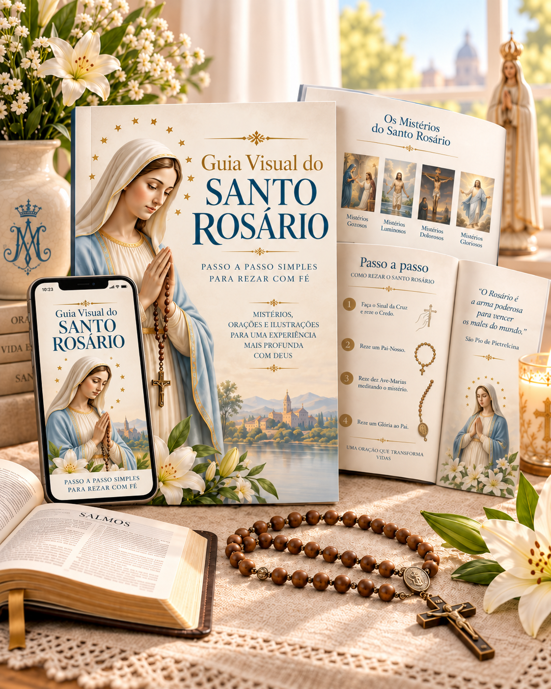 Guia Visual do Santo Rosário em formato digital e impresso, com ilustrações dos mistérios e passo a passo