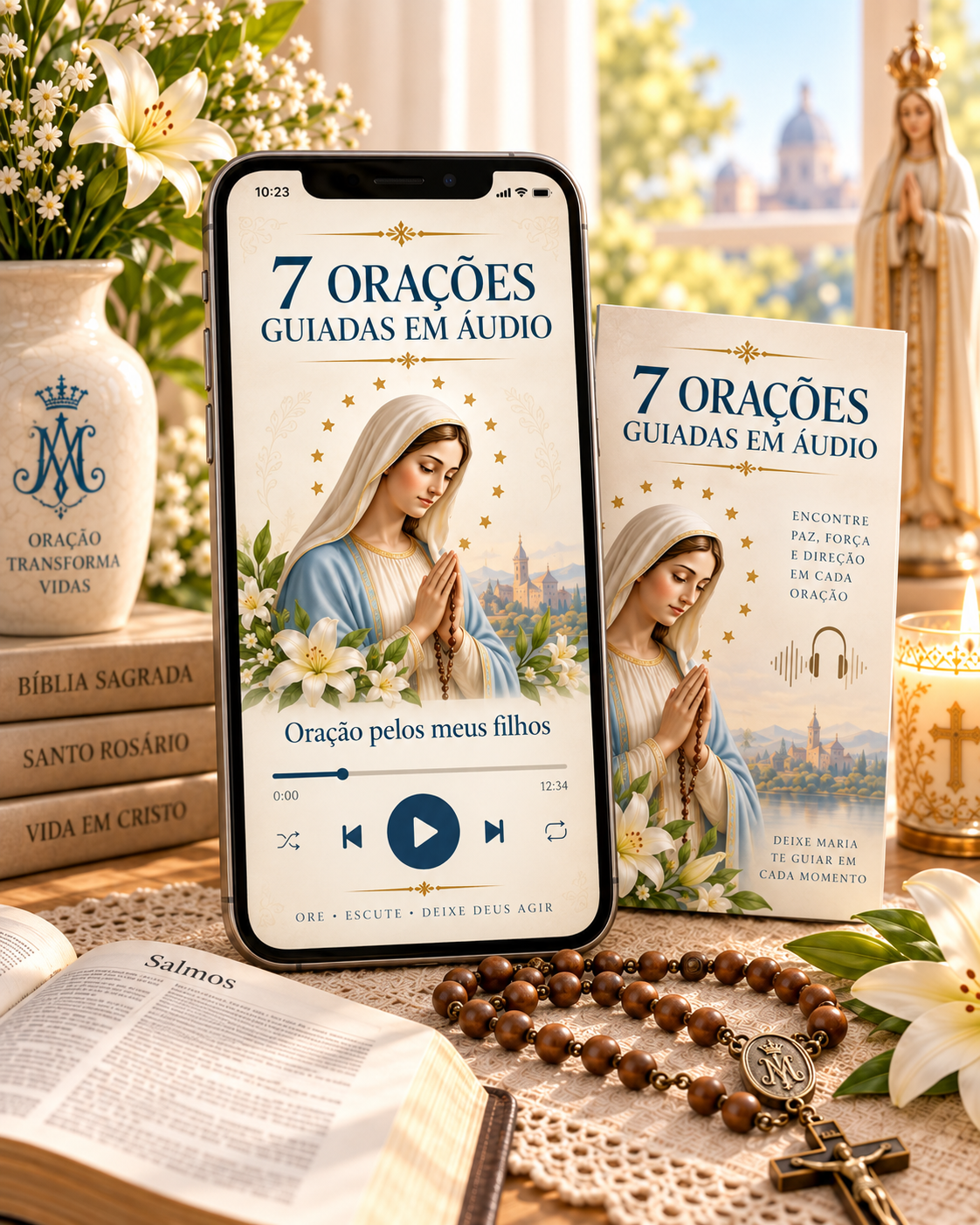 Sete Orações Guiadas em Áudio apresentadas em celular e material complementar
